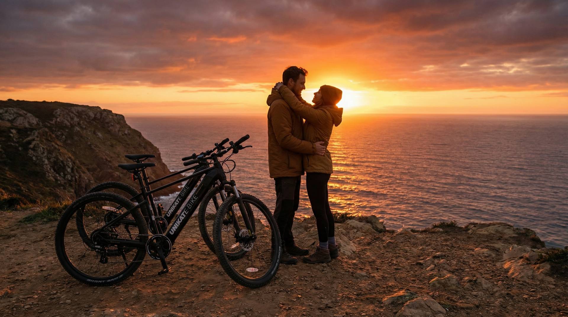 Couple pausing on their e-bike ride at a Bali viewpoint