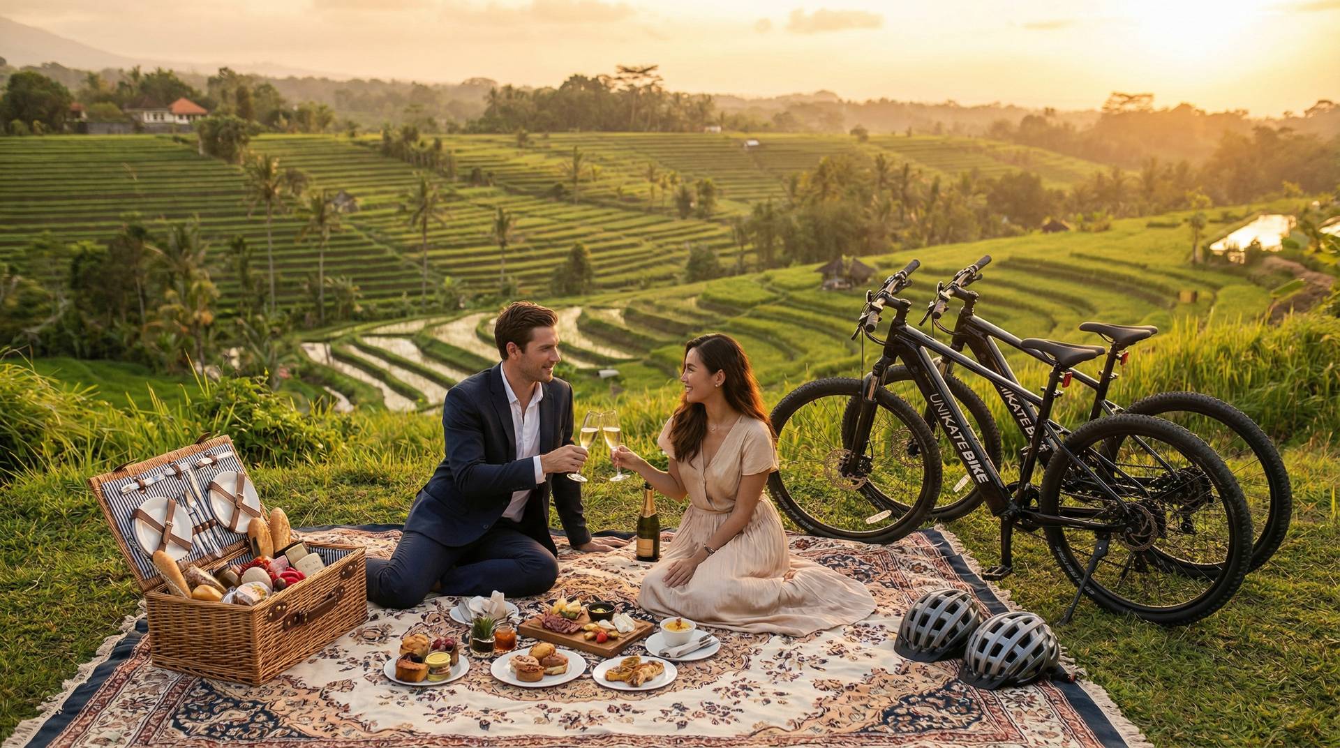 Couple enjoying a romantic e-bike tour through Bali