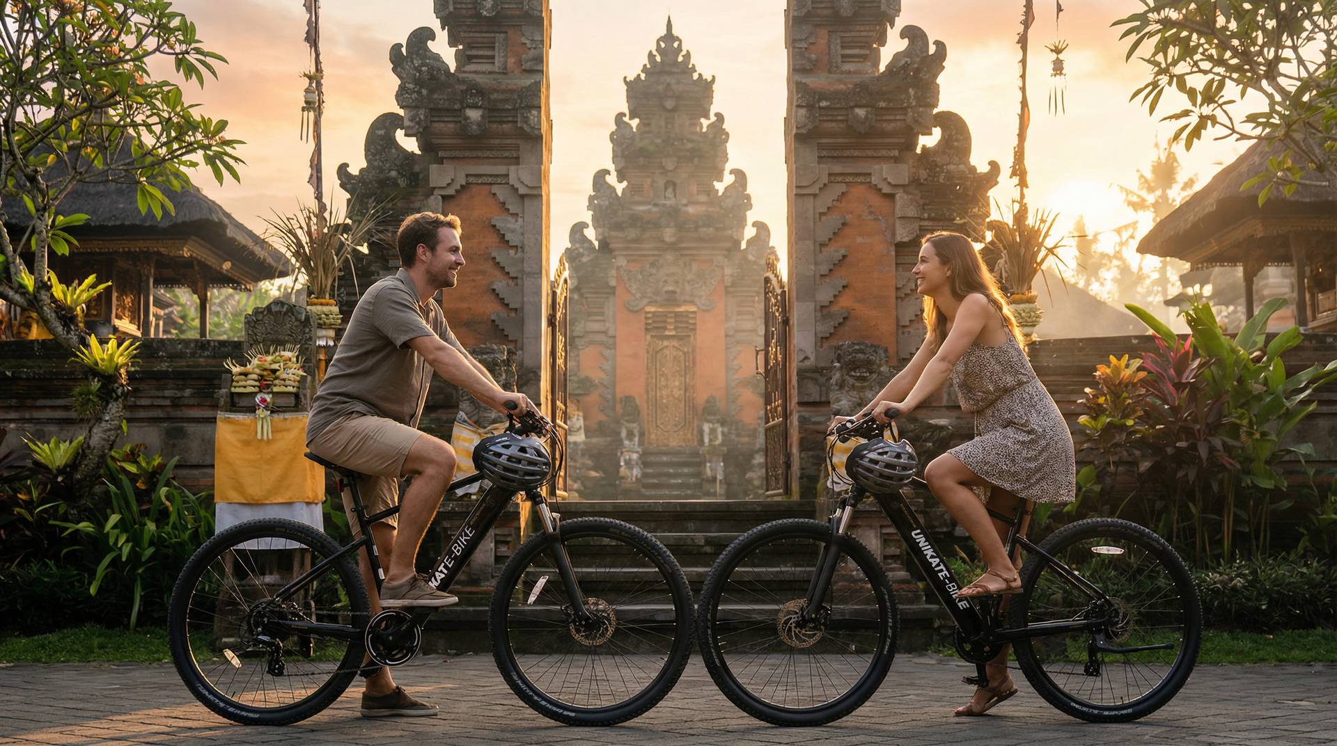 Newlyweds sharing a golden-hour e-bike moment in Bali