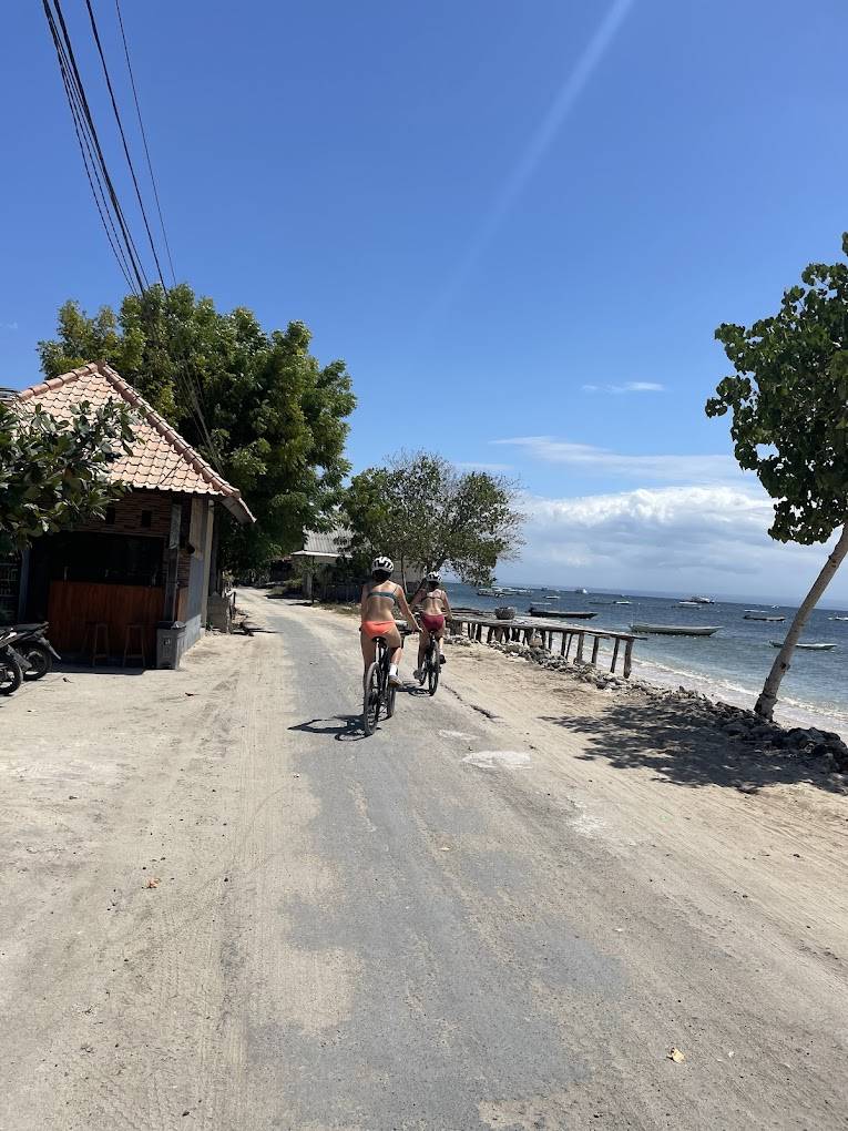 Active group cycling along a Bali beach on e-bikes