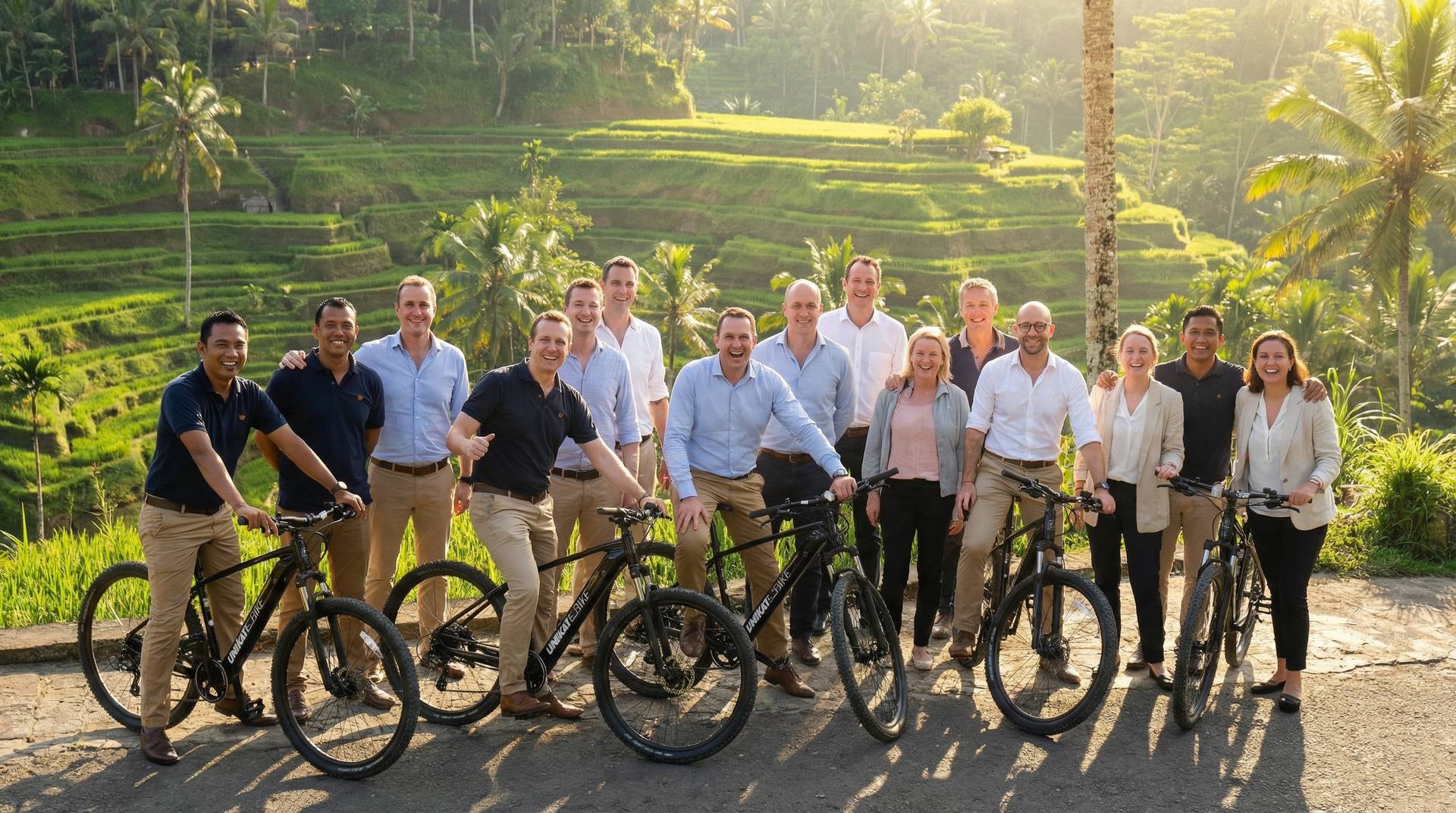 Corporate group on a UNIKAT team building e-bike tour in Bali