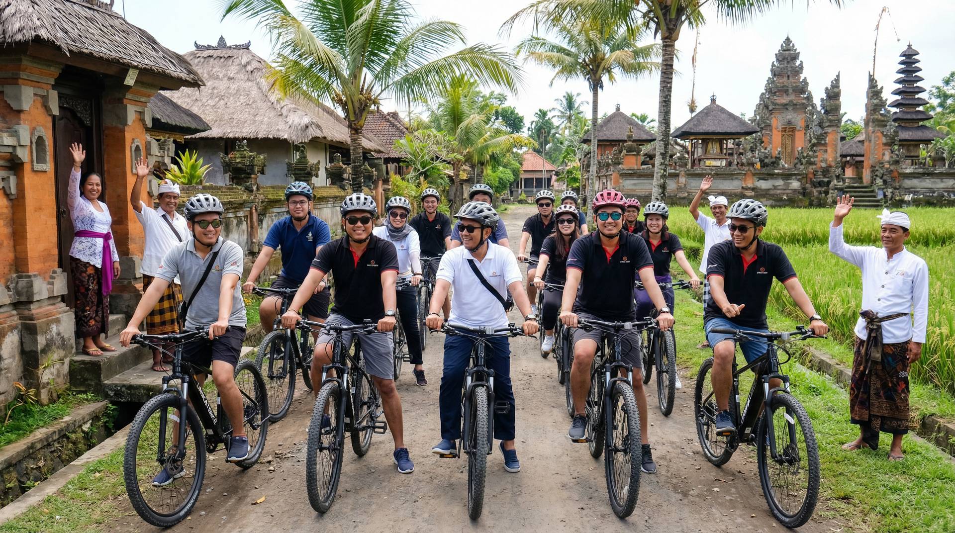Group enjoying a special occasion e-bike ride in Bali