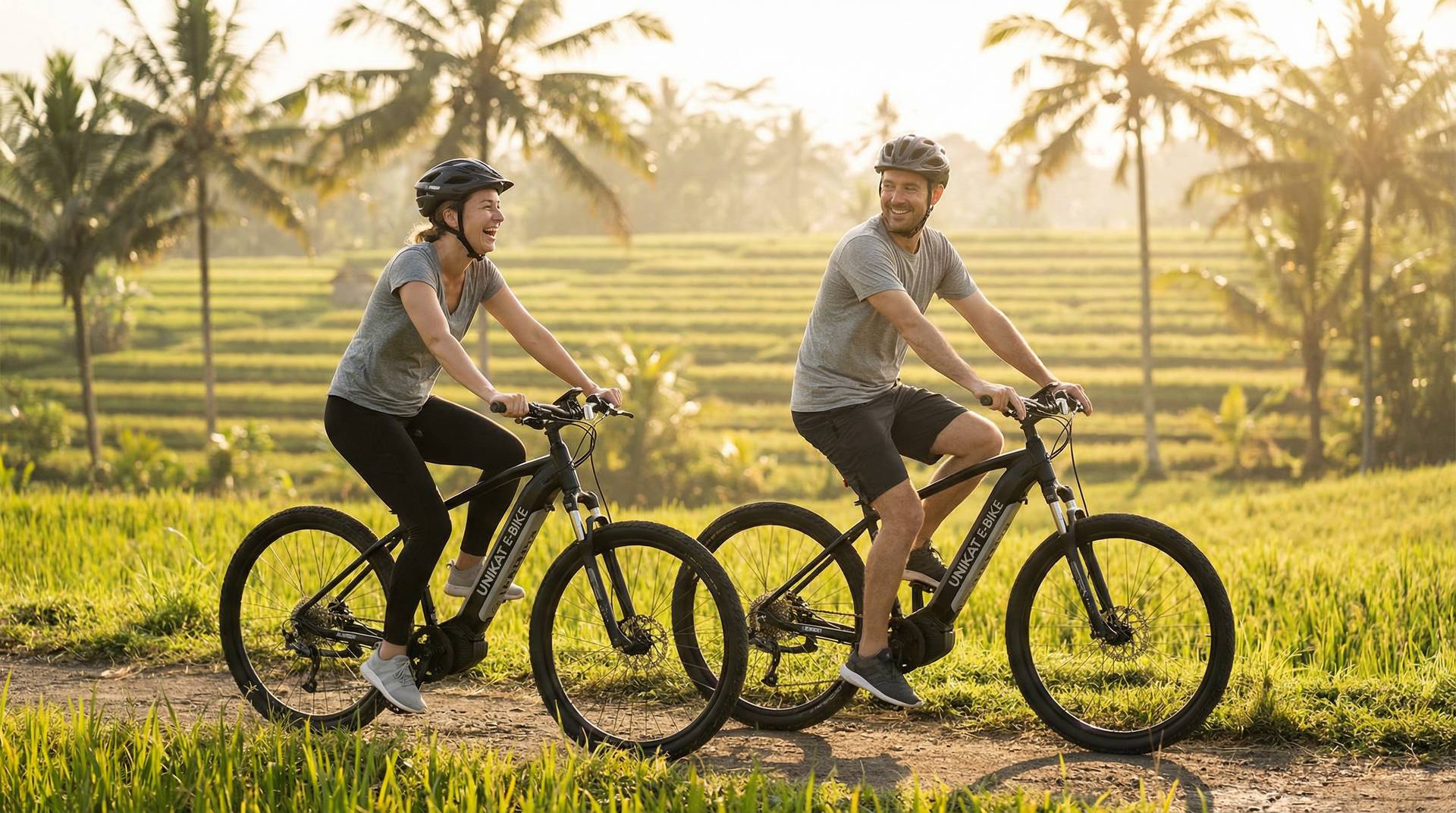 Couple with UNIKAT e-bikes ready for a Bali adventure